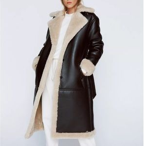 Nasty Gal Faux Leather Belted Borg Lined Coat